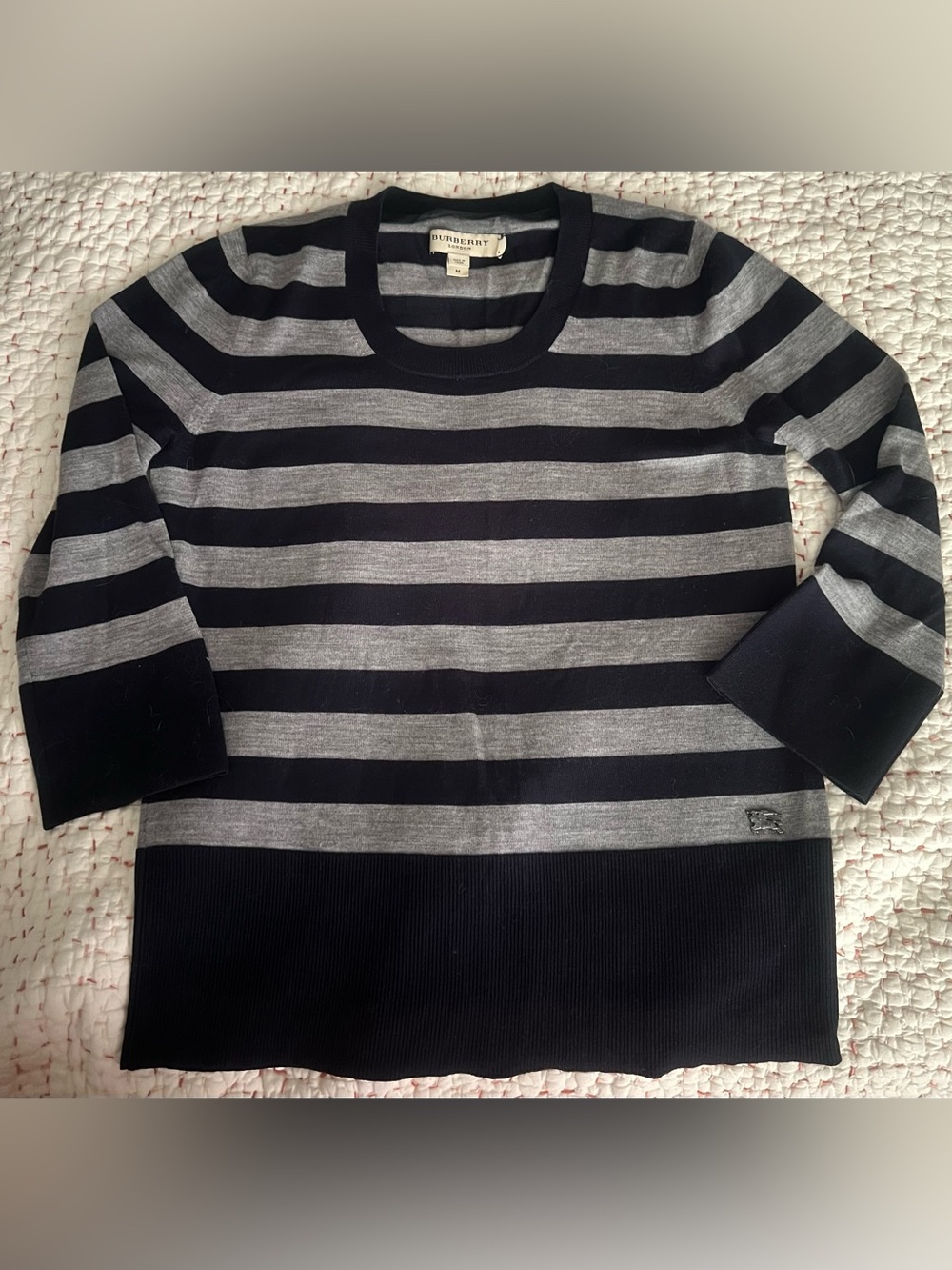 Burberry Merino Navy & Gray Striped Crewneck Women’s Sweater